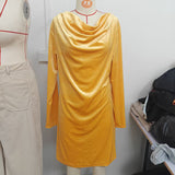 Women's Elegant Solid Color Velvet Cowl Neck Midi Dress, Long Sleeve Comfortable Dress For Spring & Autumn