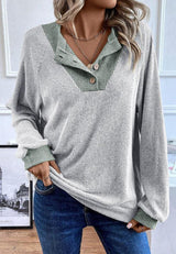 Contrast Quarter Button Round Neck Long Sleeve Top-Light Gray-15