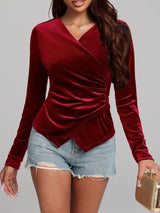 Ruched Surplice Long Sleeve Top-Burgundy-16