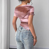 Women's Tie Dye One-Shoulder Mesh Top Ruched Asymmetrical Tee