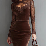 Women's Solid Color Sexy Lace Trim Bodycon Midi Dress, Long Sleeve Party Dress For Spring Autumn Evenings