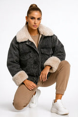 Women’s black denim jacket with faux shearling collar – cozy oversized fall outerwear