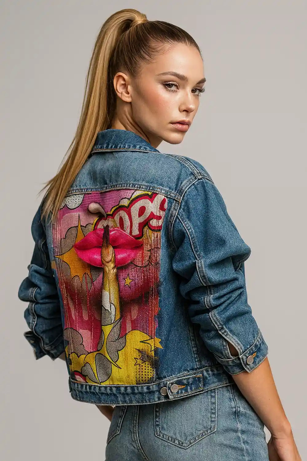 Women's denim jacket with colorful pop art graphic back print – trendy streetwear