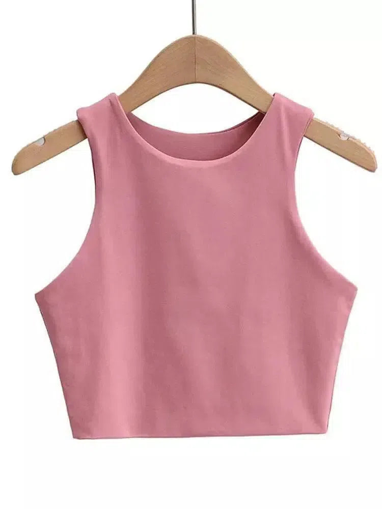 Summer Fashion Women Slim Tops O-neck Sleeveless-Pink-10