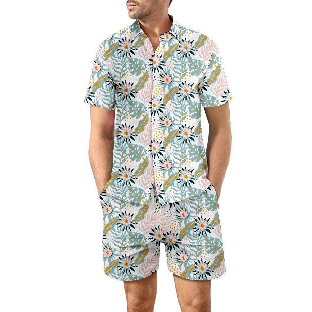 2Pcs Printed Beach Shirt Summer Suit Loose Lapel Button Top-DCS07DXCS4-6