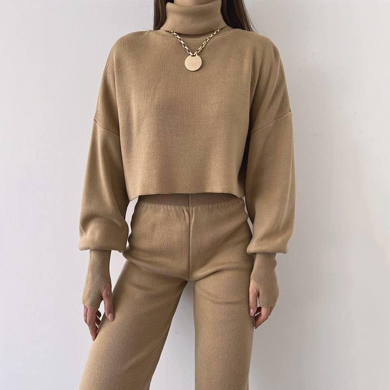 Autumn And Winter New European And American Turtleneck Loose Long Sleeve Top Female Casual Fashion Set-Khaki-5