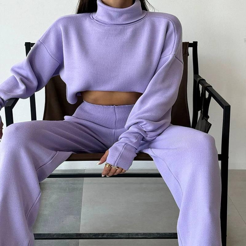 Autumn And Winter New European And American Turtleneck Loose Long Sleeve Top Female Casual Fashion Set-Violet-8