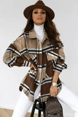 Autumn And Winter Long-sleeved Plaid Coat Shirt Women-Brown-1