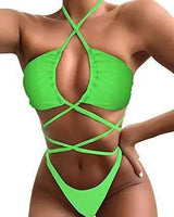 Bikini Comfortable And Sexy Solid Color Long Rope One Piece-Green-3