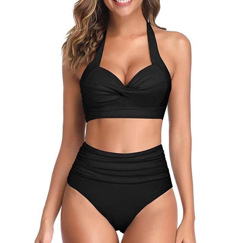 Bikini European And American High Waisted Printed Neck Strap-Black-7