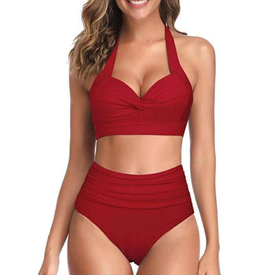 Bikini European And American High Waisted Printed Neck Strap-Wine Red Style-8