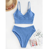 Bikini Swimsuit Ladies High Waist Pants BIKINI Solid Color-Blue-6