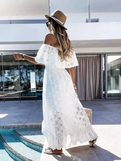 Boho White Eyelet Midi Dress - Off-Shoulder Summer Chic-2