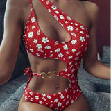 Bowknot small floral one-piece irregular bikini-Red-1