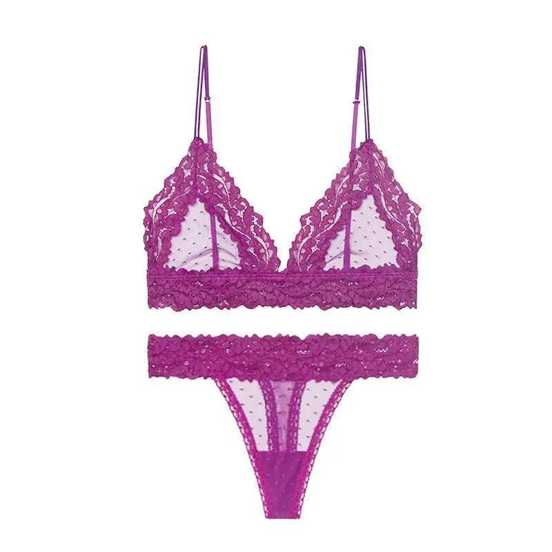 Bra-Set Brassiere Sex-Lingerie-Set Bralette Lace T-Back-Purple-3