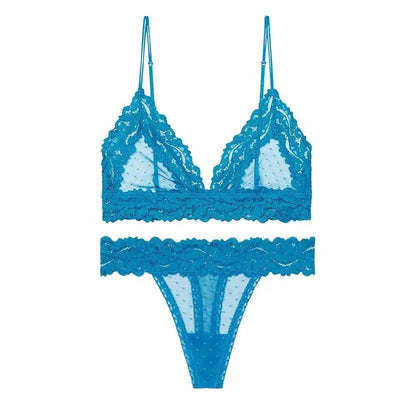 Bra-Set Brassiere Sex-Lingerie-Set Bralette Lace T-Back-Blue-4