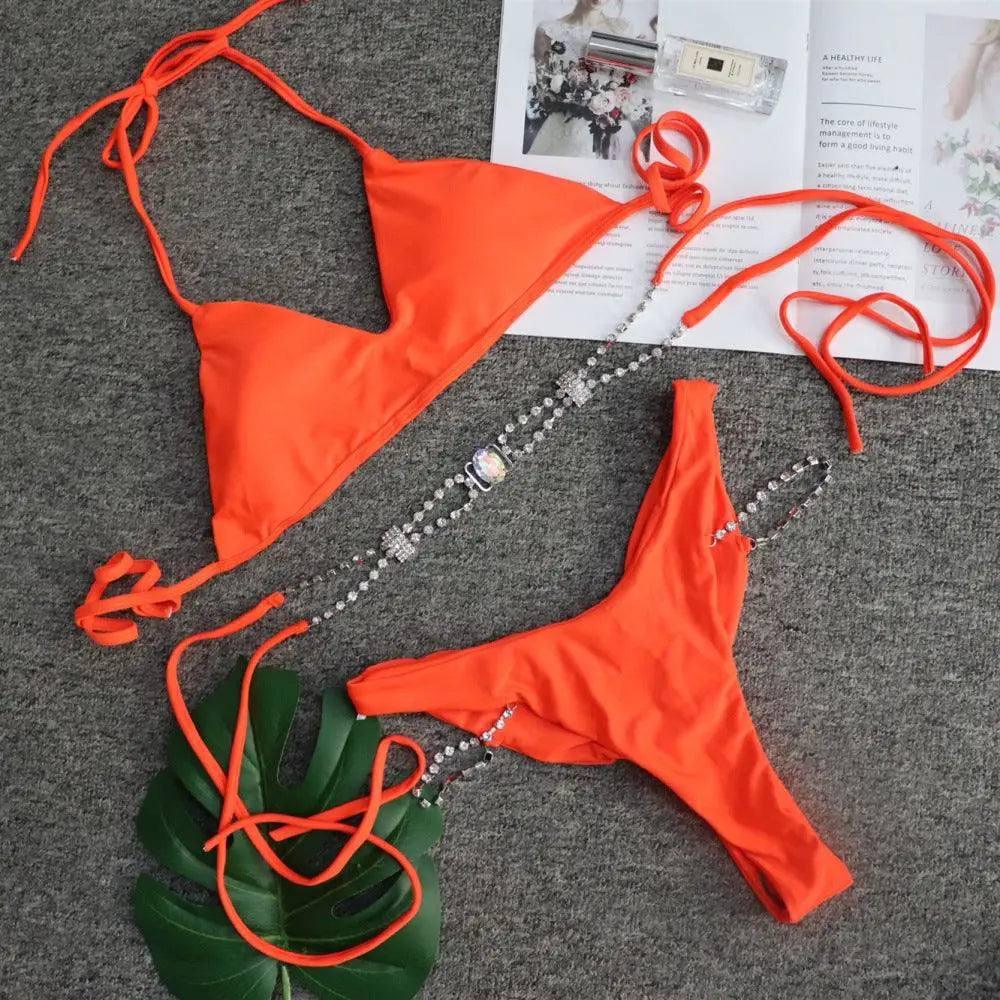 Brick Bikini Split Swimsuit White Long Chain Swimsuit-Orange-4