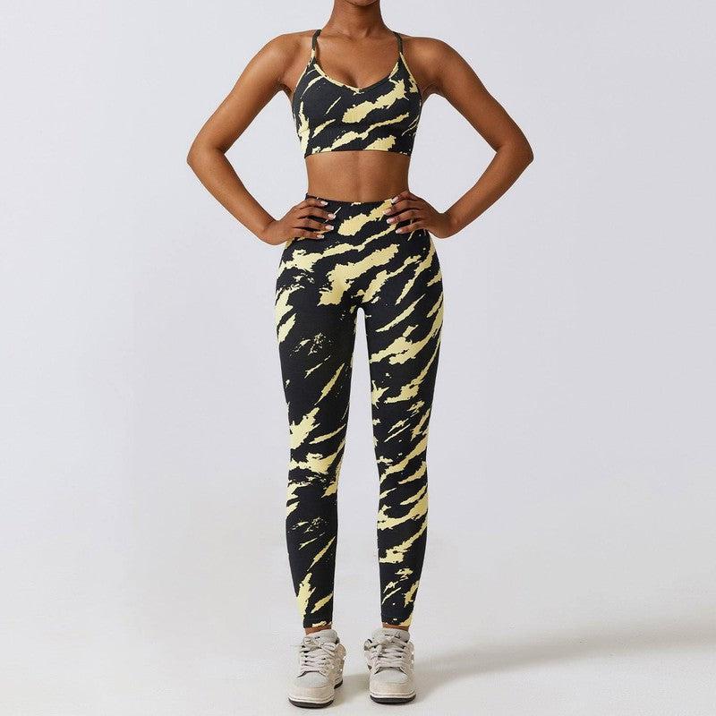 Camouflage Printing Seamless Yoga Suit Quick-drying High Waist Running Workout Clothes-Yellow And Black Bra Trousers-11