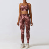 Camouflage Printing Seamless Yoga Suit Quick-drying High Waist Running Workout Clothes-Wine Red Bra Trousers-7