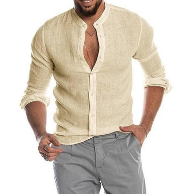 New Cardigan Stand Collar Long Sleeve Shirt Men's Clothing-Khaki-7