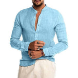 Cardigan Stand Collar Long Sleeve Shirt Men's Clothing-Blue-9