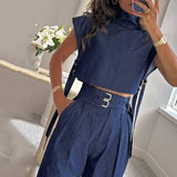 Casual Belt Decorative Turtleneck Short Sleeve And Long Pattern Suit-10