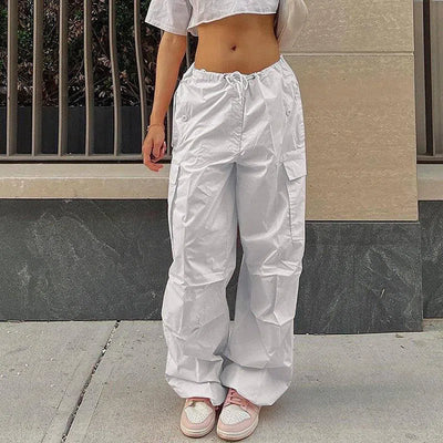 Casual Cargo Pants For Women Solid Color Drawstring Pocket Design Fashion Street Trousers Girls-White-5