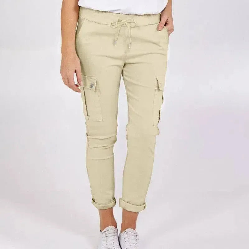 Casual Cargo Pants With Pockets Solid Color Drawstring Waist Pencil Trousers For Women-Apricot-4