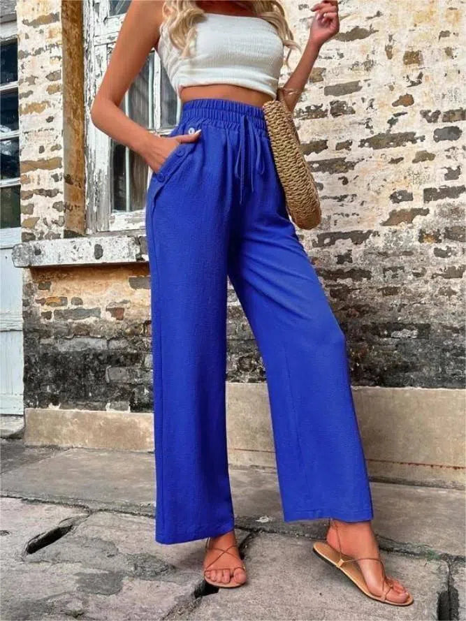 New Casual Pants With Pockets Elastic Drawstring High Waist Loose Trousers For Women-Blue-2