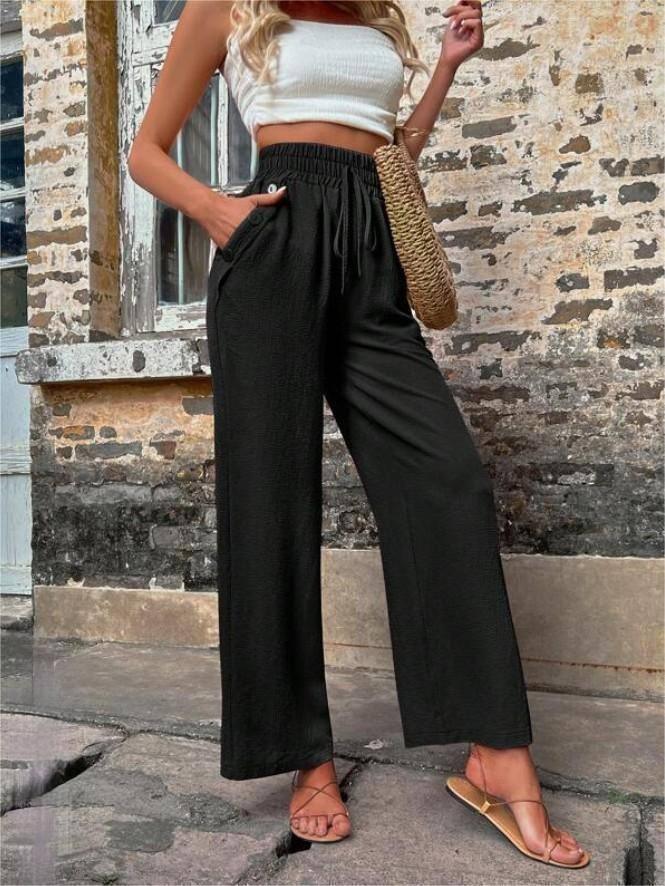 Casual Pants With Pockets Elastic Drawstring High Waist-Black-5