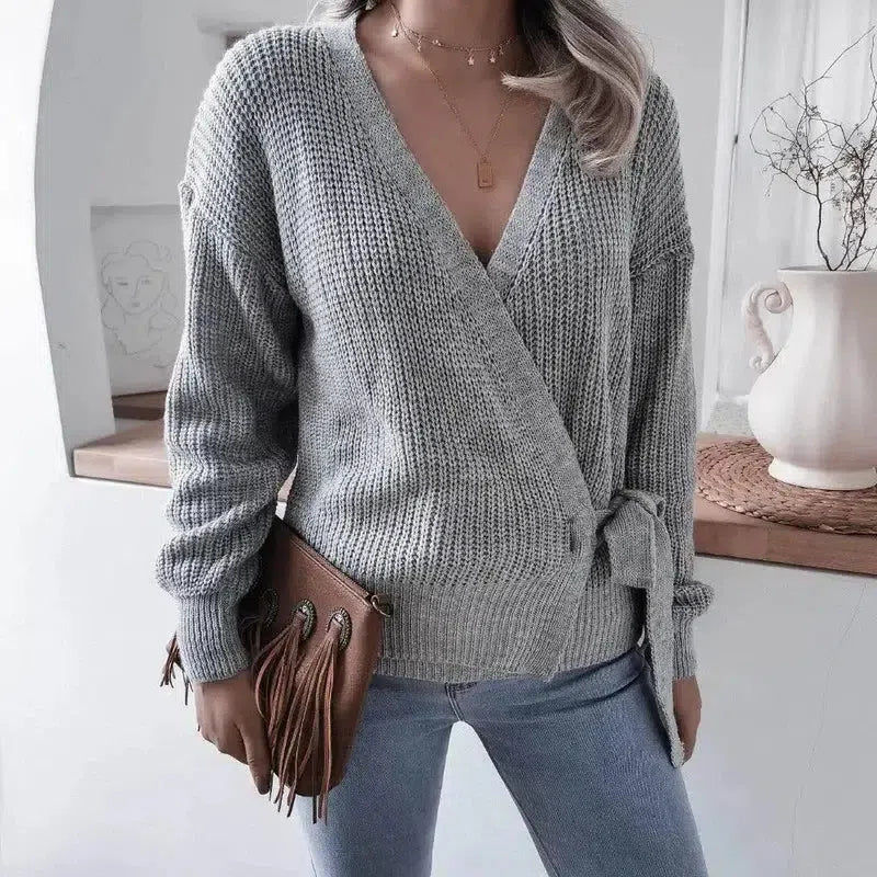 Casual V-neck tie knotted sweater sweater-4