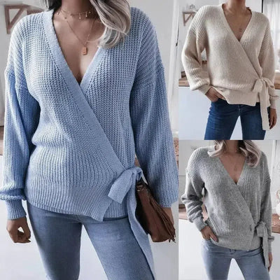 Casual V-neck tie knotted sweater sweater-5