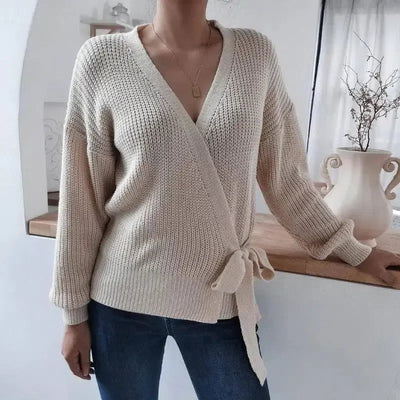 Casual V-neck tie knotted sweater sweater-Apricot-6