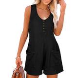 Casual Waffle Button Jumpsuit With Pockets Fashion Summer-Black-2