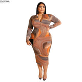 Plus size XL-5XL Autumn women fashion Print Sashes Midi dress Bodycon club night party Casual dresses vestidos GL19311-Brown-3