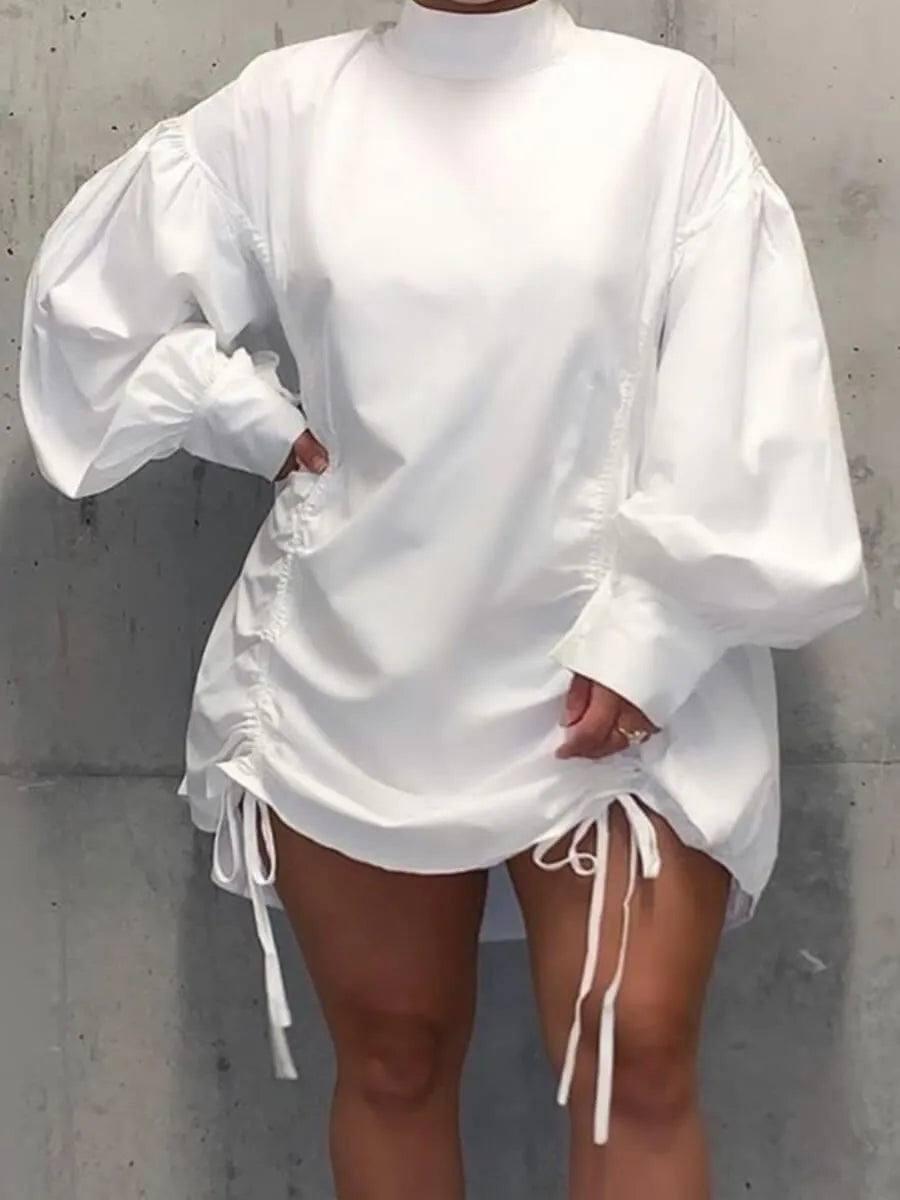 Chic White Drawstring Tunic Dress: Must-Have Fashion-White-5