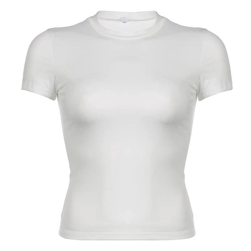 CIBBAR Basic Solid Crop Top Short Sleeve Crewneck Skinny-WHITE-8