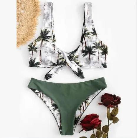 Coconut tree printing new bikini bow European and American-Green-2