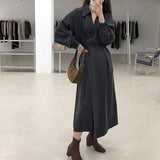 Cross-temperament shirt-style long-sleeved dress-Black-6