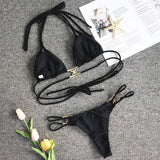 Crystal diamond solid color strap bikini-Black-2