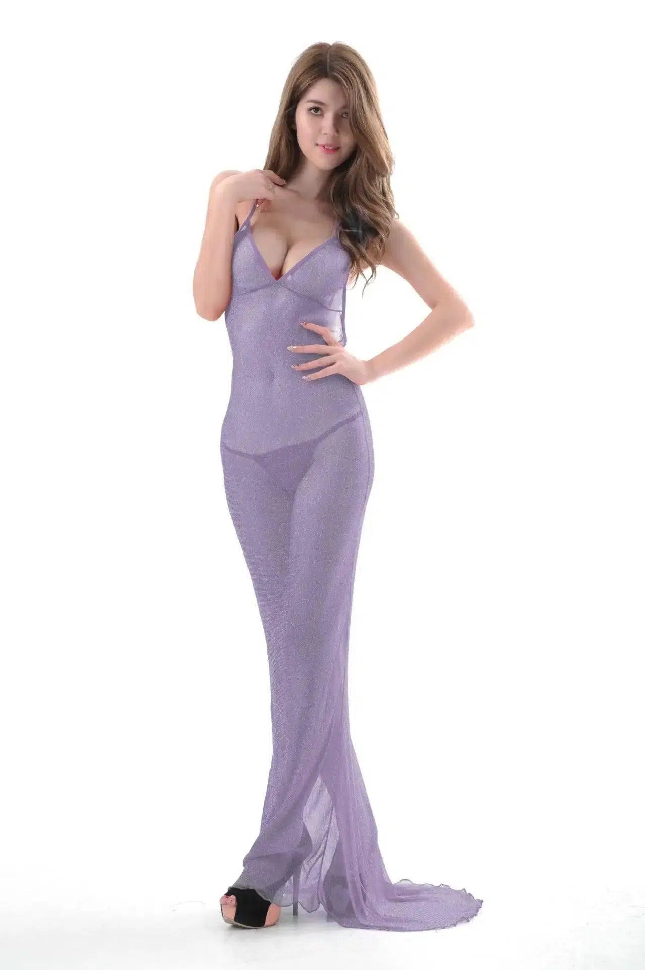 Deep V Beautiful Back Tulle Transparent Long Skirt Sexy-LightPurple-3