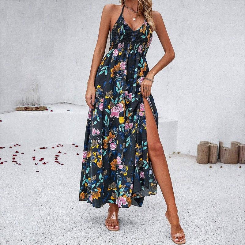 Dress Spring Summer leisure holiday print halter dress-black-3