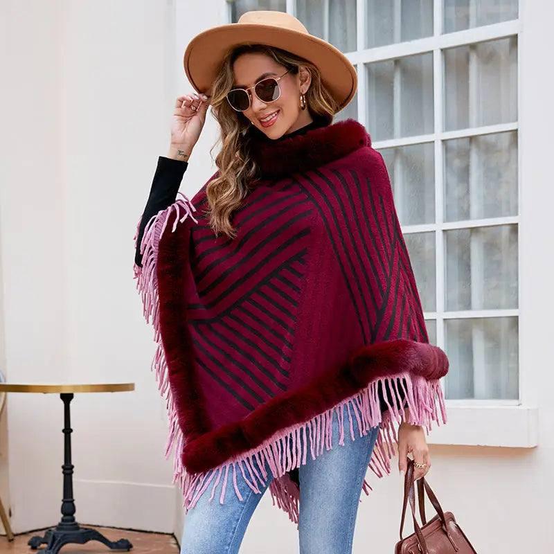 Drizzling Fur Collar Pullover Tassel Knitted Cape For Women-1