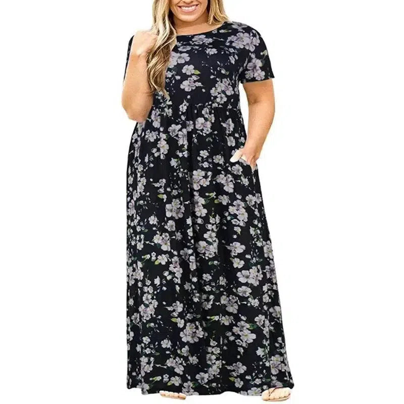 Big size Dress Women Summer Large Size Short Sleeve Print Wear-Resistant Long Dress Plus Size Fat MM Women Clothing Maxi Dress-black-8