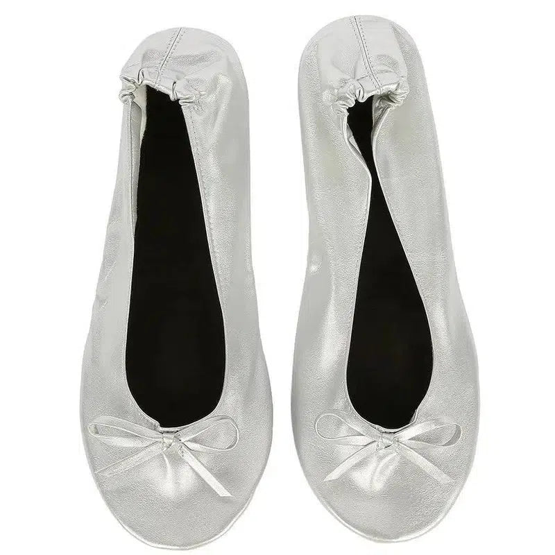 Women Shoes Flats Portable Fold Up Ballerina-Silver-8