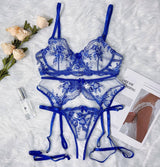 Embroidered Lace Three Point Belt Hollowed Out Temptation-Blue-2