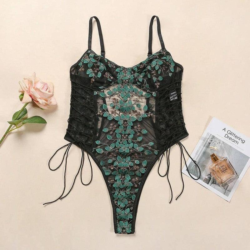 Lingerie Lace Flower Embroidery Lace-Up-Green-4