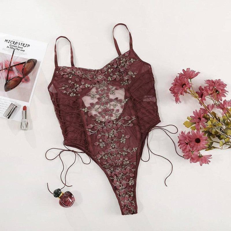 Lingerie Lace Flower Embroidery Lace-Up-Wine Red-8