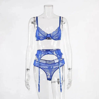 European and American sexy lingerie lace three-piece women-Blue-4