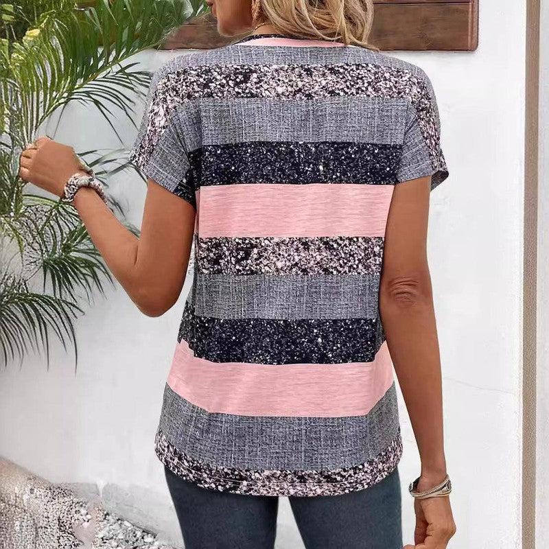 European And American Summer Short Sleeve Striped V-neck 3D-2